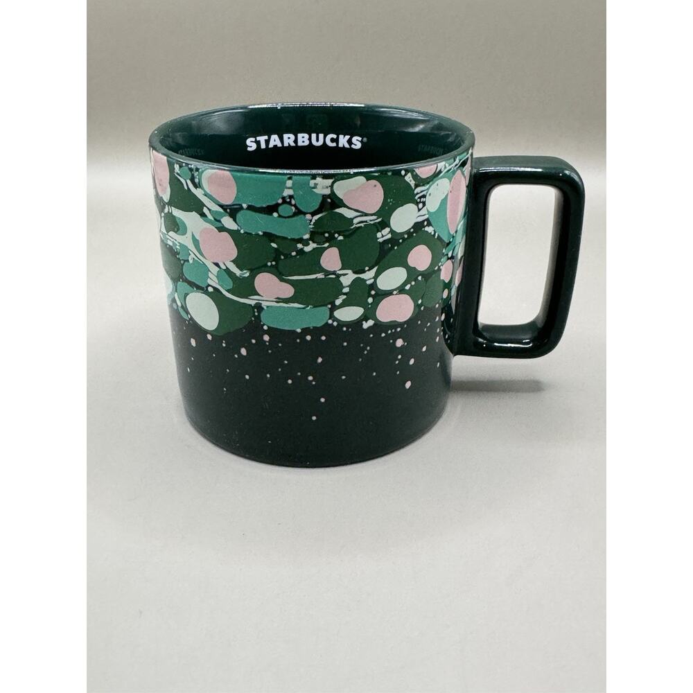 Starbucks 2022 Green Pink Spatter Paint Ceramic Coffee Mug 12 oz Square Handle
